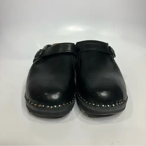 Troentorp Donatello black wood & leather clog mules womens size 39 Swedish clogs
