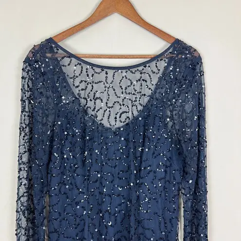 Papell Boutique Dress 16 Navy Blue Sequin Sheath Sheer Long Sleeve Cocktail Zip