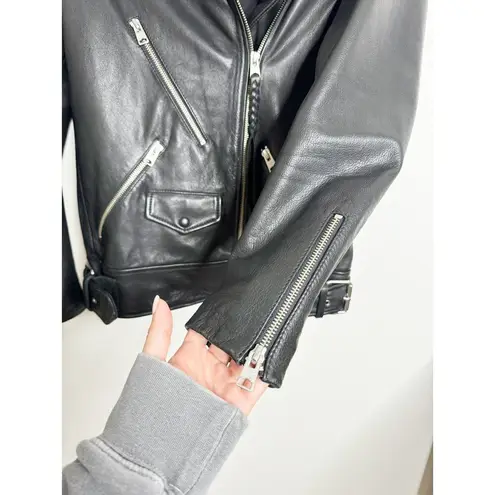 All Saints Sherwood Leather Biker Jacket with Fur Collar in Black Size Small