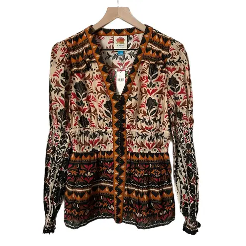 Farm Rio NEW Anthro Long Sleeve Button Front V-Neck Peasant Blouse Size Small