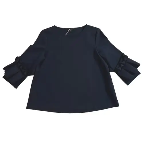 COS  Navy Blue 3/4 Sleeve Ruffle Frill Swing Top Blouse Scuba Fabric Size S NWOT