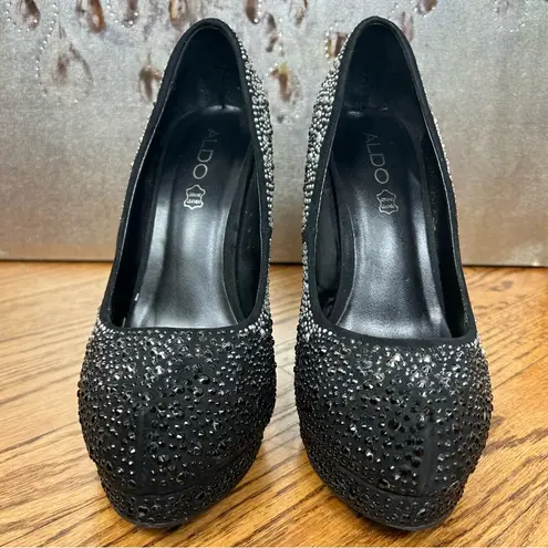 ALDO  | Alalain Black Rhinstone Silver Studded Platform Stiletto Heels Size 8.5