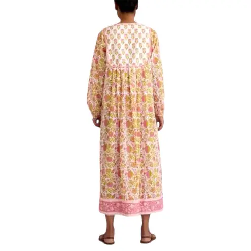 NWT SZ Blockprints Kitty Long Sleeve Floral Floral Print Midi Dress LARGE Pink