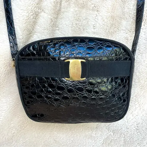 Salvatore Ferragamo Ferragamo Vala Black Croco Embossed Crossbody Bag