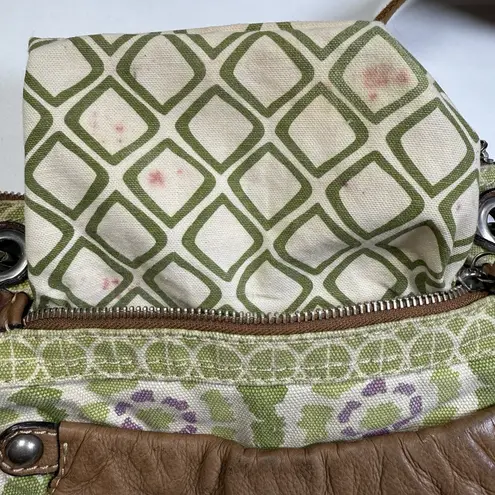 Fossil  Crossbody Boho Purse Canvas Leather Trim Weekender Bag Green Floral Brass