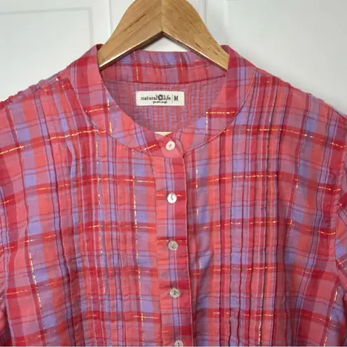 Natural Life  Montana Cotton Gauze Top Pink Lavender Plaid Metallic Size M