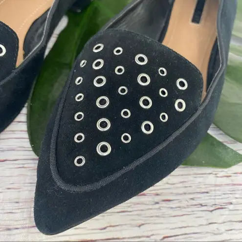 Tahari Flats Esther Suede Grommet Detail Pointed Toe Black 7.5