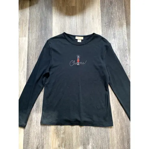 Y2K Bedazzled Wine Mom Top Slinky Holiday Clean Girl Large Black Embroidered Red