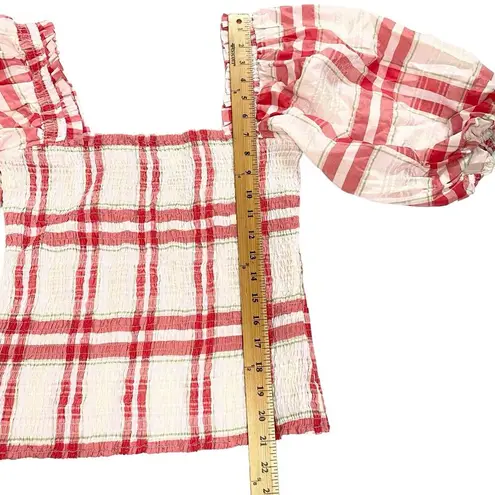 Ganni Plaid Print Square Neckline Smocked Top Blouse Balloon Sleeve No size tag