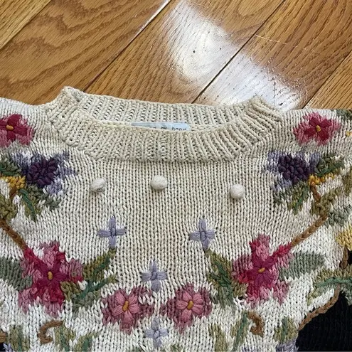 Vintage Jennifer Reed Floral Sweater Hand Knit Sz M black cream