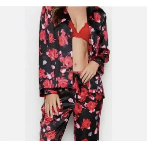 Victoria's Secret ‎ Floral Satin Long Sleeve Button Down Pajama Shirt Black Red S