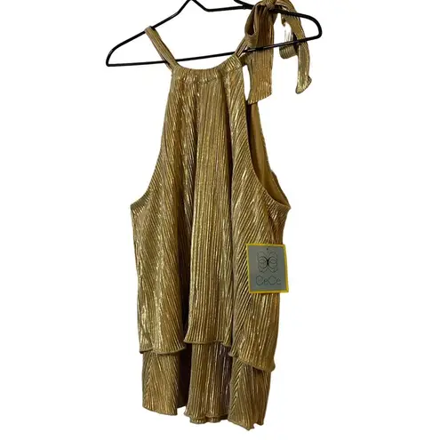 CeCe New  Metallic Gold layered tank top‎ with tie neck Sz L