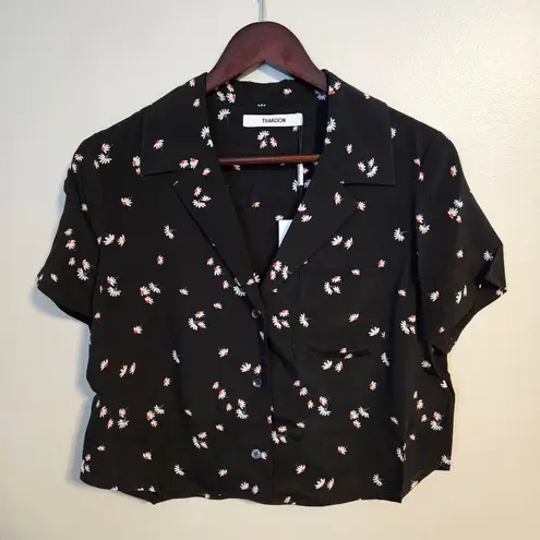 Thakoon Shirt Button Down Cropped Short Sleeve BP Black Daisy Blouse Casual