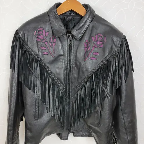 Daytona Joe Womens Moto Jacket Size XXL Black Purple Rose Zip Front Fringe