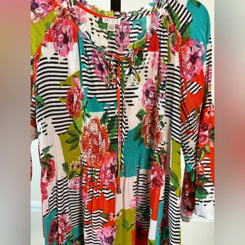 Bohemian Bright Floral Tunic Top Lightweight Stretch Blouse Ruffle Modest Office Pink Size L