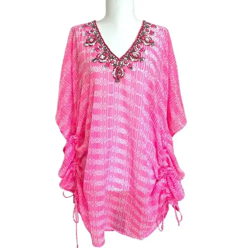 Yumi Kim NWT Maze Cover Up Jeweled Beaded Cinched Kaftan Hot Pink Sheer Size M/L