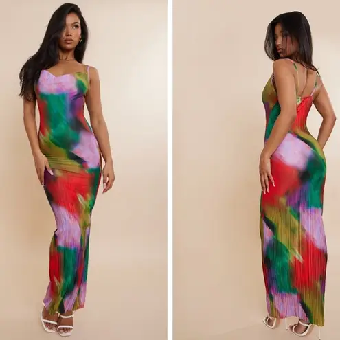 Pretty Little Thing  || Multi Printed Plisse Strappy Maxi Dress Sz 14