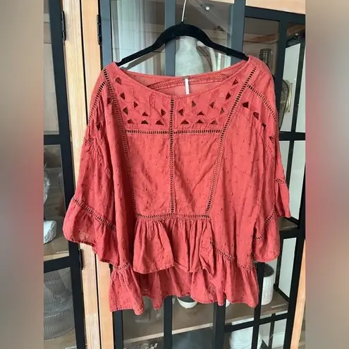 Free People  Top Babydoll Rust Beautiful Dreamer Blouse clay short sleeve flowy