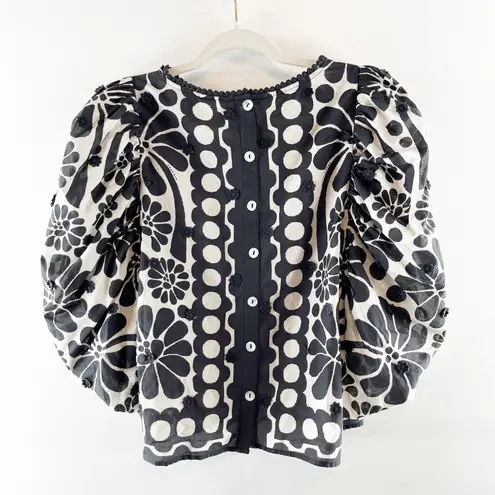 Farm Rio Palermo Puff-Sleeve Button-Back Blouse Black White Small