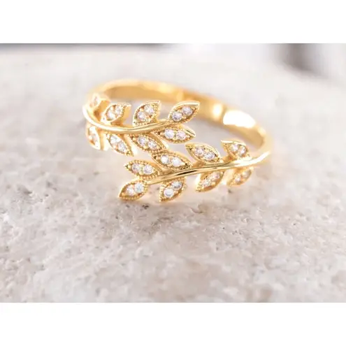 Boutique NEW Women's 14k Gold‎ Filled Solid Leaf Simulated Diamond Adjustable Ring