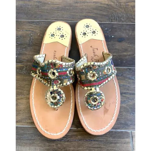 Jack Rogers Navajo Hamptons Thong Sandals Whipstitch Paisley Gold 7.5 or 7 RARE