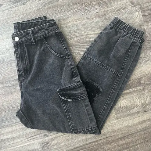 SheIn High Rise Distressed Black Cargo Jeans - Size S