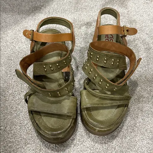 A.S.98 Shiloh Studded Wedge Sandal Size 38 Green