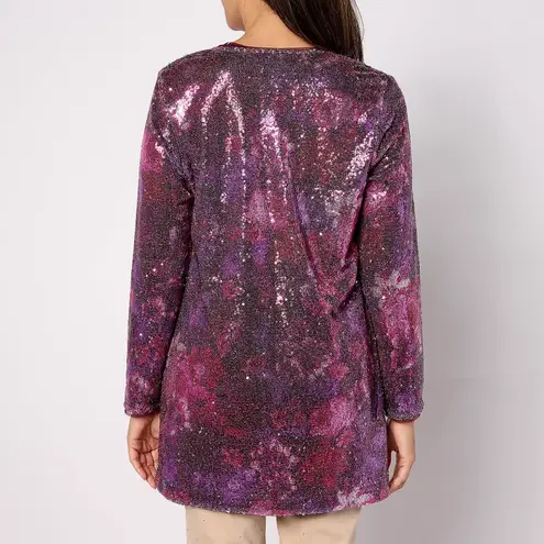 Isaac Mizrahi New Floral Print Sequin Long Sleeve Cardigan Wine Size Medium
