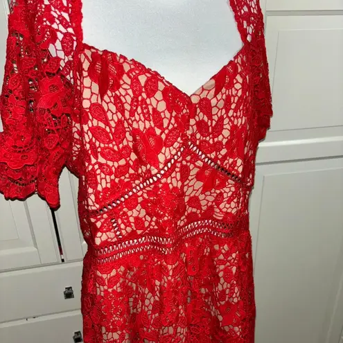 Boo-hoo plus premium lace tiered skater dress in red