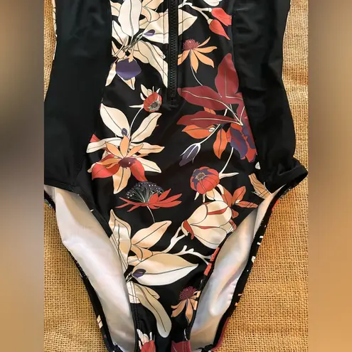 Black Mauve Crm Floral One Piece Swimsuit zip front full coverage summer beach Size 4
