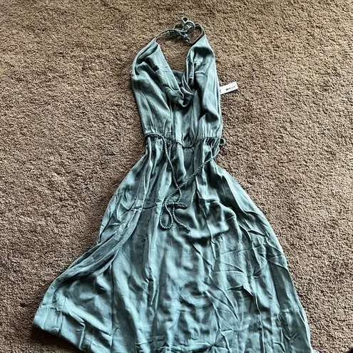 LA Made NWT Blue Grey Halter Tie Waist Midi Dress