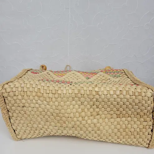 Vintage Woven Straw Seagrass Picnic Basket Bag Cotton Lined Beach Summer Day Out