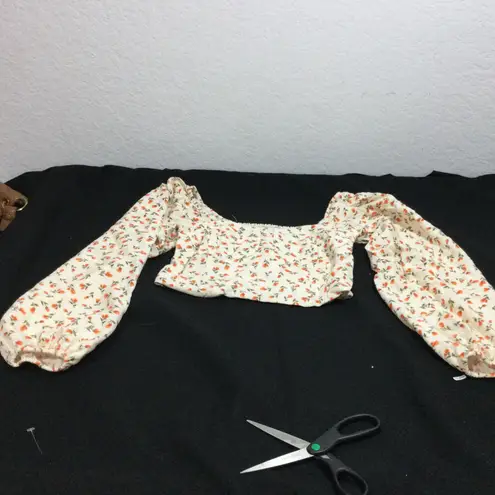 BCBG Generation Floral Puff Sleeve Smocked Square Neck Crop Top Women's Size S White