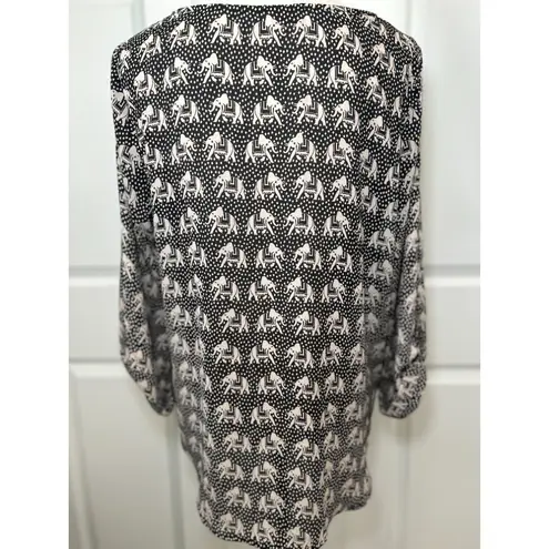 Pixley Black/Beige Elephant Print Blouse Top 3/4 Sleeve Stitch Fix Size Large Black