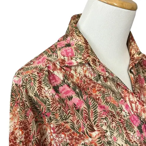 Vintage 70’s Floral Lightweight Button Down Top Tan Pink Green S Brown