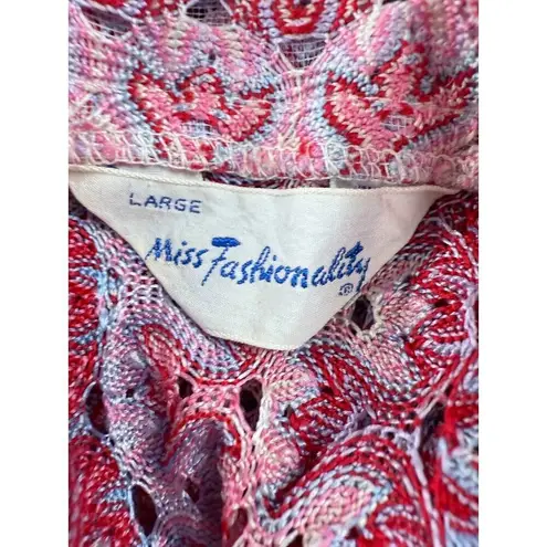 VTG 70s Miss Fashionality Red/ Multi Flame Stitch Stretch Top Big Collar Large Red