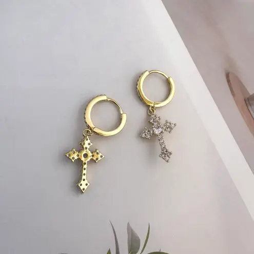 CZ Cross Dangle Drop Earrings for Men Women Streetwear Hip Hop Unisex Style Gold