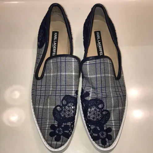 Karl Lagerfeld Paris Women’s Carly Plaid Fabric Floral Embroidered Slip-On Shoes