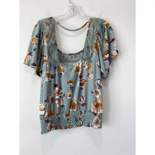 BKE Gimmicks Sheer Lace Crop Top Size M Floral Smocked Sheer Fairy Romantic Boho