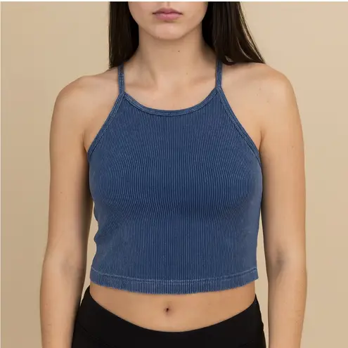 Aura Navy/Gray Ribbed Textured Top Size S/M Vintage Washed Blue Crop Y2K