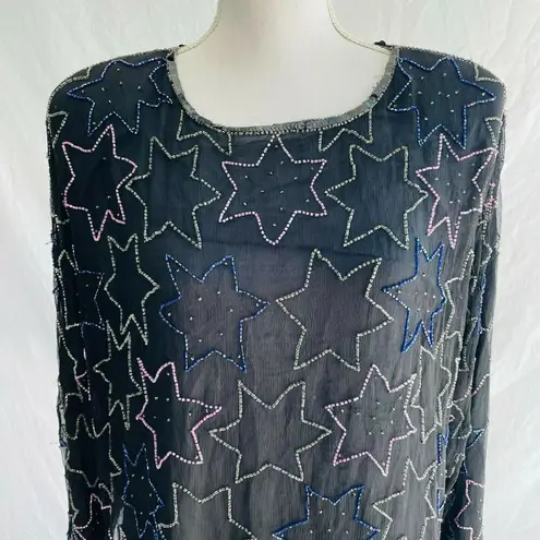 American Vintage Crimson Blouse Vintage Beaded Stars Novelty Long Sleeve Keyhole Black 100% Silk