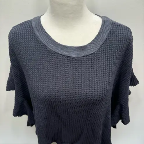 Edge NEW BUCKETLIST Navy Blue Waffle Knit Raw  Flutter Sleeve Slouchy Cropped Top