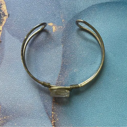 None Gold Tone Hammered Metal Adjustable Bangle Wire Bracelet Crystal Boho Chic