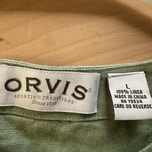 Orvis  Button Down Shirt Round Neck Relaxed Fit Casual Plain 100% Linen Green L thumbnail 2