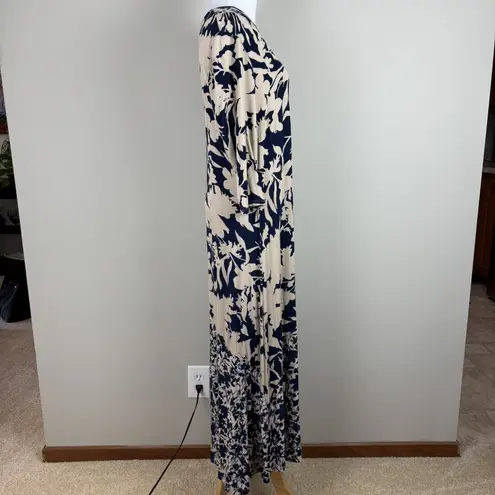 Soft Surroundings Maxi Dress LP Large Petite Navy Blue Beige Floral 3/4 Sleeve
