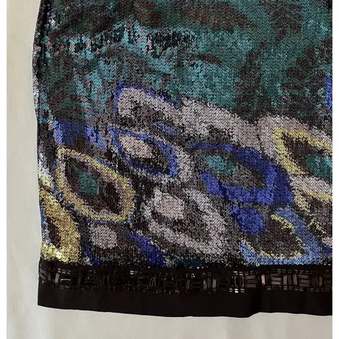 Hale Bob $285 NWT S Mini Dress Sequins Peacock One Shoulder Stretch Feather