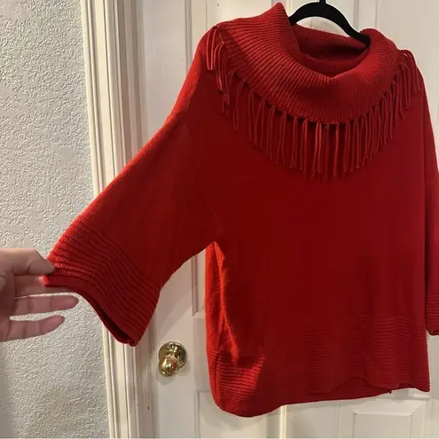 Chico's  Red Fringe Cowl Neck Sweater Size 2 Large Long Sleeve Dark Red