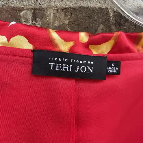 VTG Teri Jon Rickie Freeman Sz 6 Floral Hawaiian Collared Dress Abstract Artsy Red