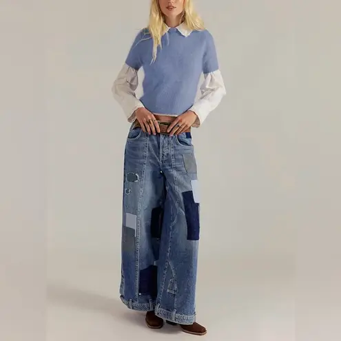 Fuzzy Cropped Sweater Short Sleeve Oversized Soft Furry Comfy Knit Top Sz Small Blue