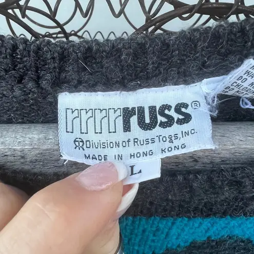 Vintage 80s rrrruss Sleeveless Sweater Art Deco Chevron Blue Black Wool Blend Size L